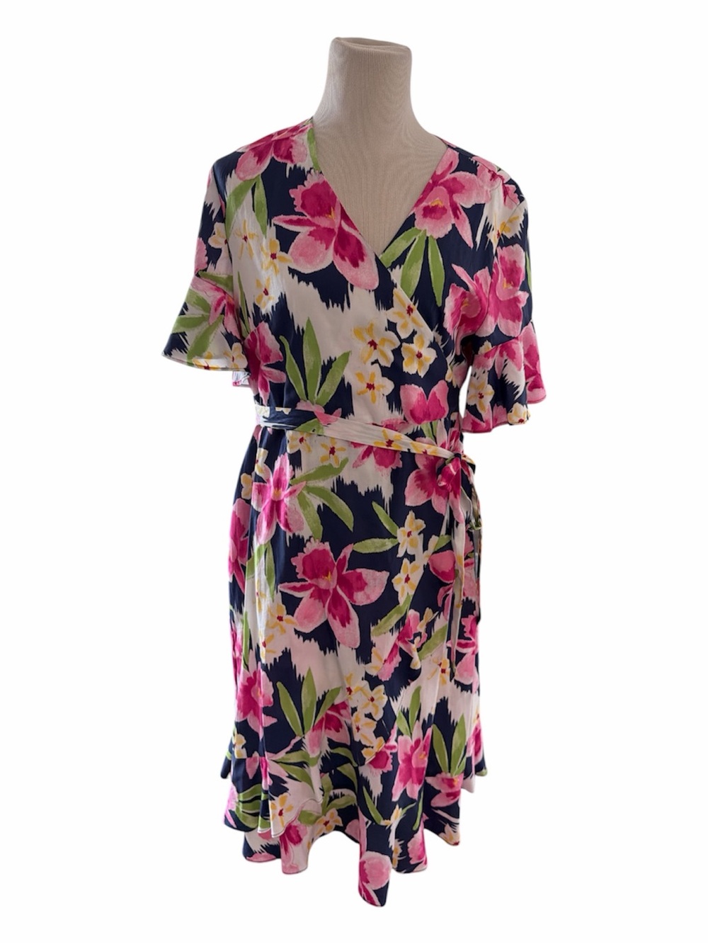 Tori Richard Tencel Tropical Floral Faux Wrap Dress Flutter Sleeve Ruffle Sz  14